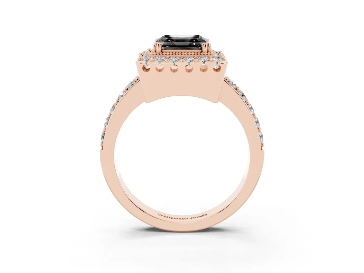 Fancy Black Asscher Cut Diamond Halo Ring with Pavé Band and Prong Setting Rose gold
