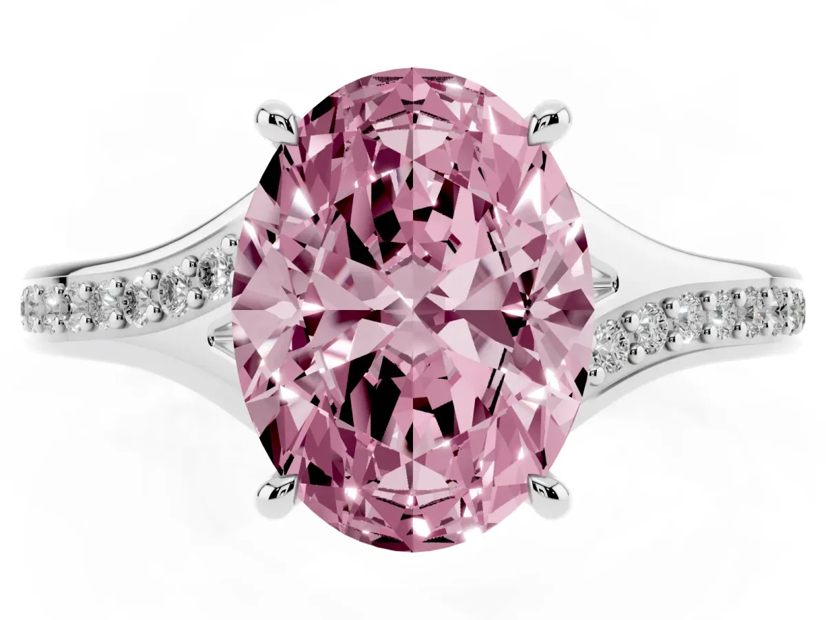 Fancy Pink Oval Cut Diamond Solitaire Ring with Pavé Band and Prong Setting Silver