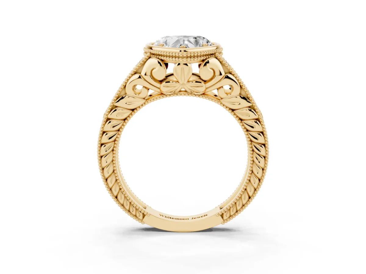 Bezel Set Heart Cut Diamond Milgrain Pave Engagement Ring Yellow gold