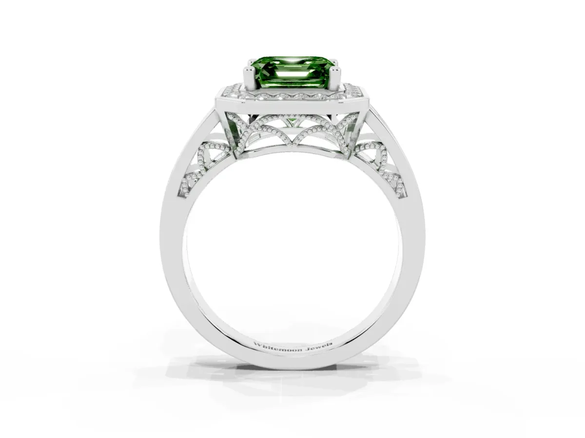 Fancy Green Asscher Cut Diamond Halo Ring with Split Shank and Bezel Accents and Prong Setting Silver