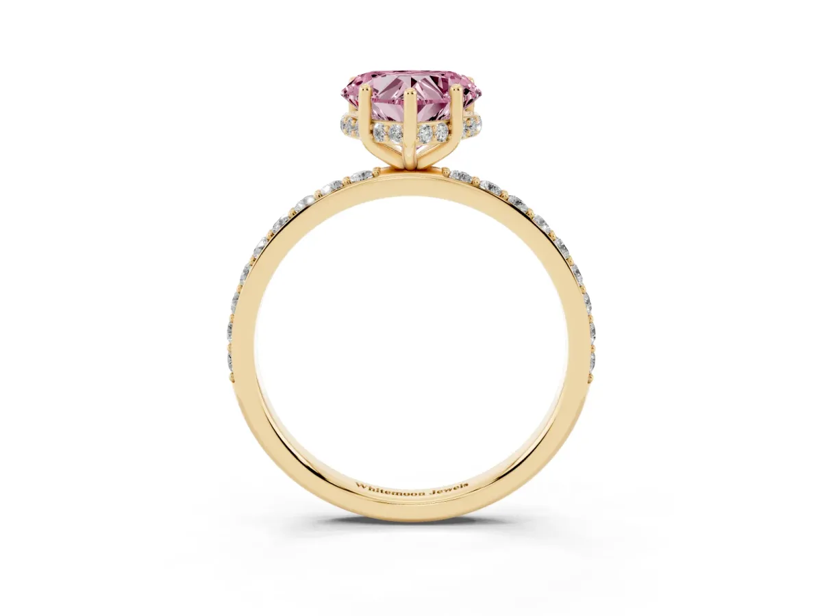 Fancy Pink Heart Cut Diamond Solitaire Ring with Pavé Band and Hidden Halo Yellow gold