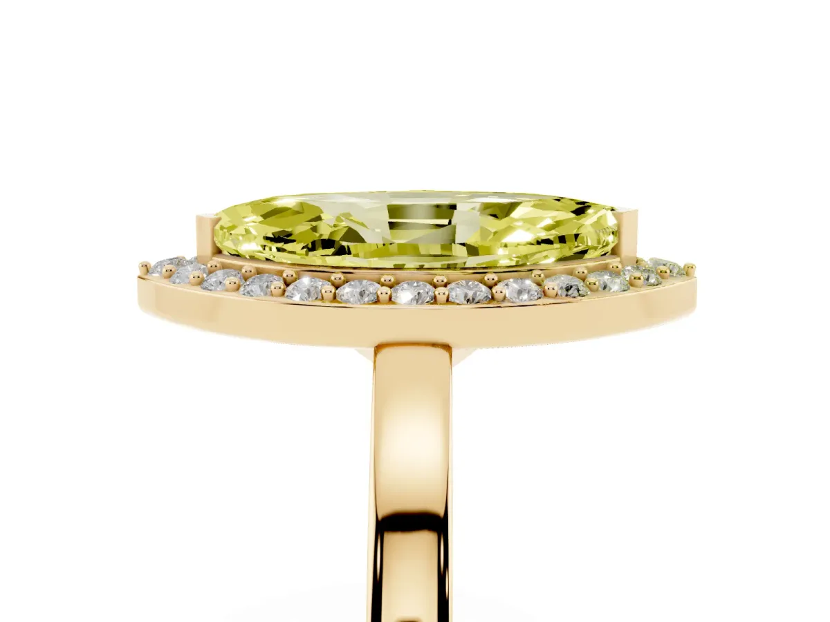 Fancy Yellow Marquise Cut Halo Diamond Ring with Solitaire Band and Prong Setting Yellow gold