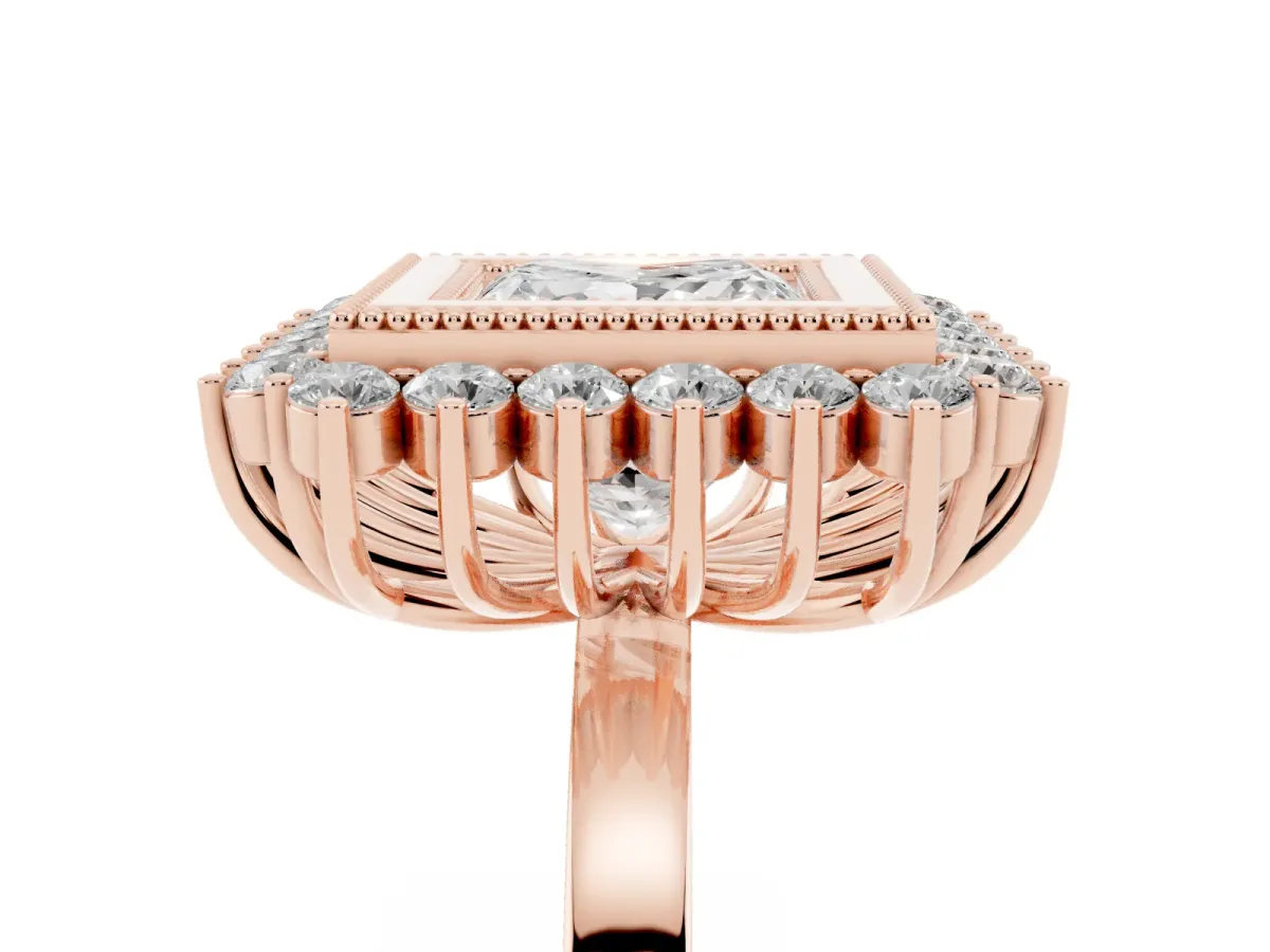 Princess Cut Halo Diamond Ring with Milgrain Edge and Round Prong Setting Rose gold