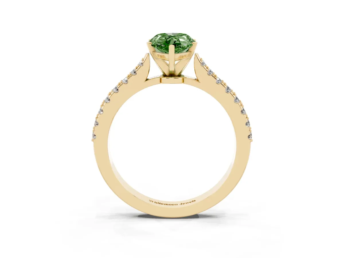 Fancy Green Pear Cut Cut Solitaire Diamond Engagement Ring with Pave Band and Four-Prong Setting Yellow gold