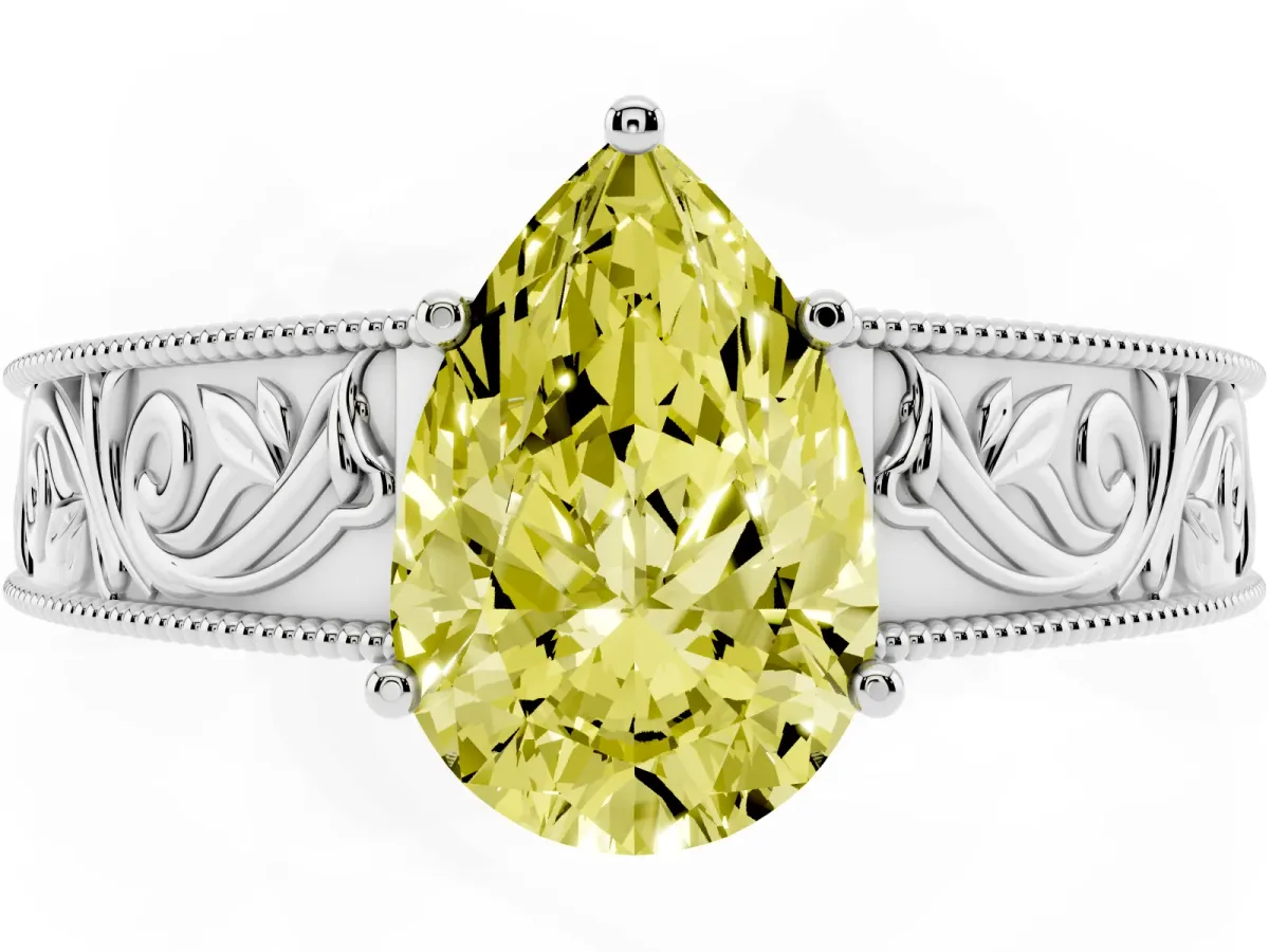 Fancy Yellow Pear Cut Diamond Solitaire Ring with Engraved Band and Four-Prong Setting Silver