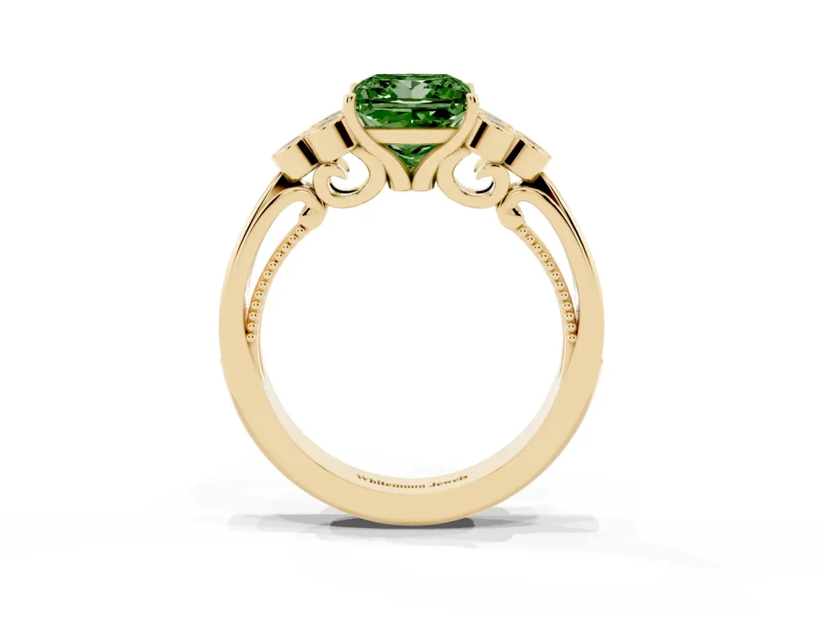 Fancy Green Princess Cut Cut Diamond Engagement Ring with Bezel Set Round Side Stones and Prong Setting Yellow gold