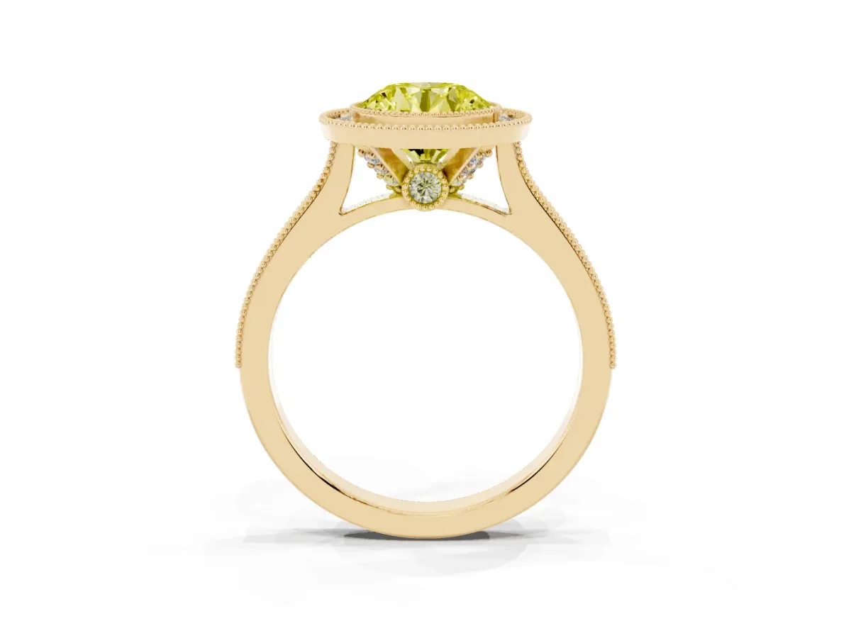 Fancy Yellow Halo Round Cut-Cut Diamond Pave Band Milgrain Prong Setting Ring Yellow gold