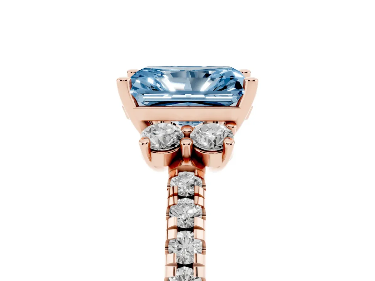 Fancy Blue Radiant Cut Diamond Three-Stone Pave Band with Four-Prong Setting Rose gold
