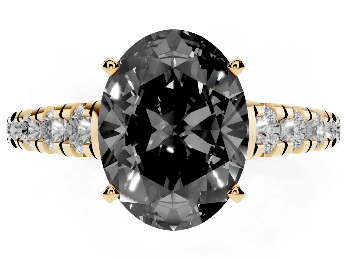 Fancy Black Oval Cut Diamond Cathedral Solitaire Ring with Round Pavé Band Yellow gold