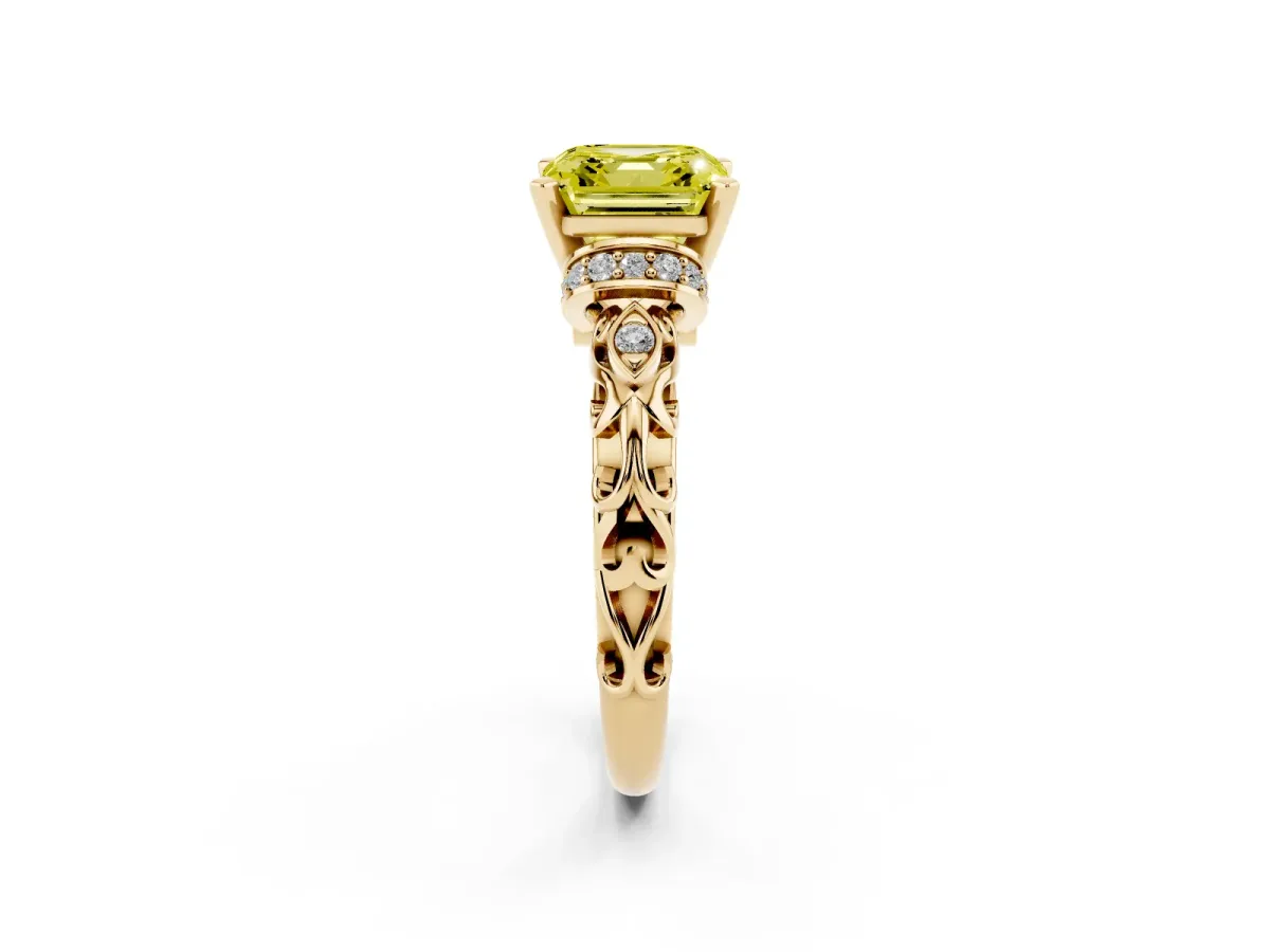 Fancy Yellow Asscher Cut Diamond Solitaire Ring with Filigree Band and Four-Prong Setting Yellow gold