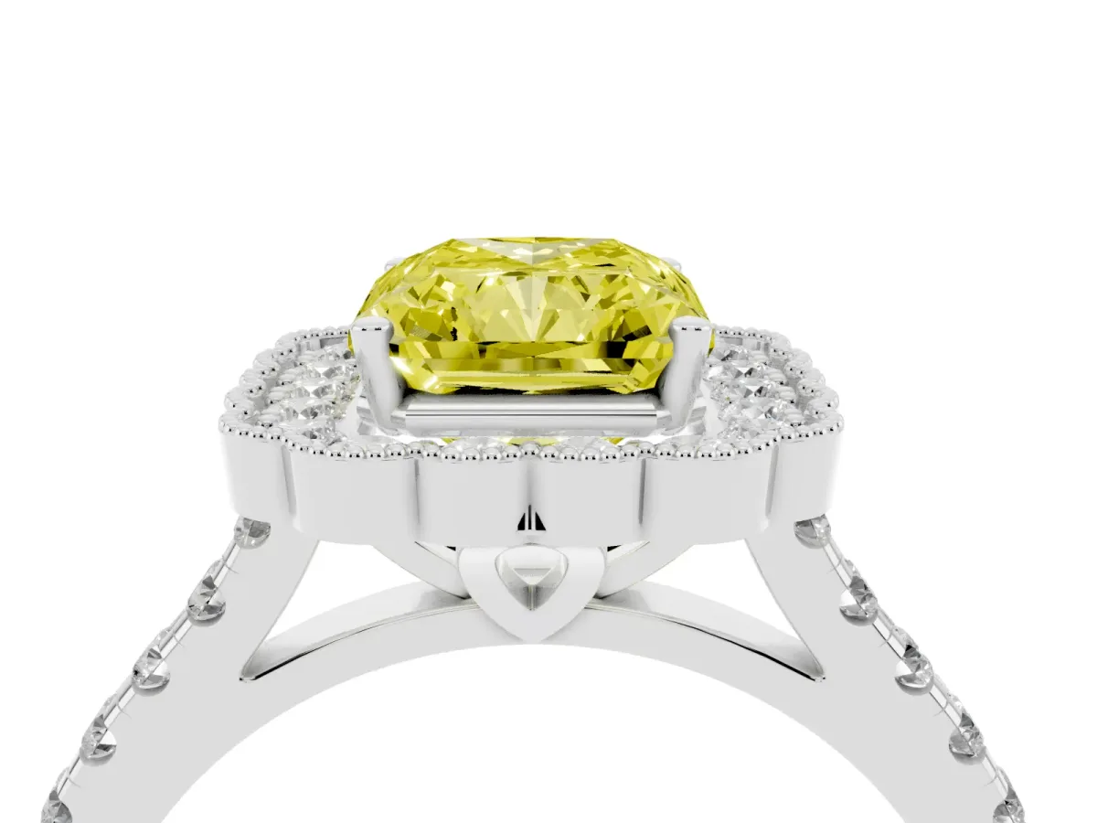Fancy Yellow Radiant Cut Cut Diamond Milgrain Floral Halo Engagement Ring with Pavé Band White gold