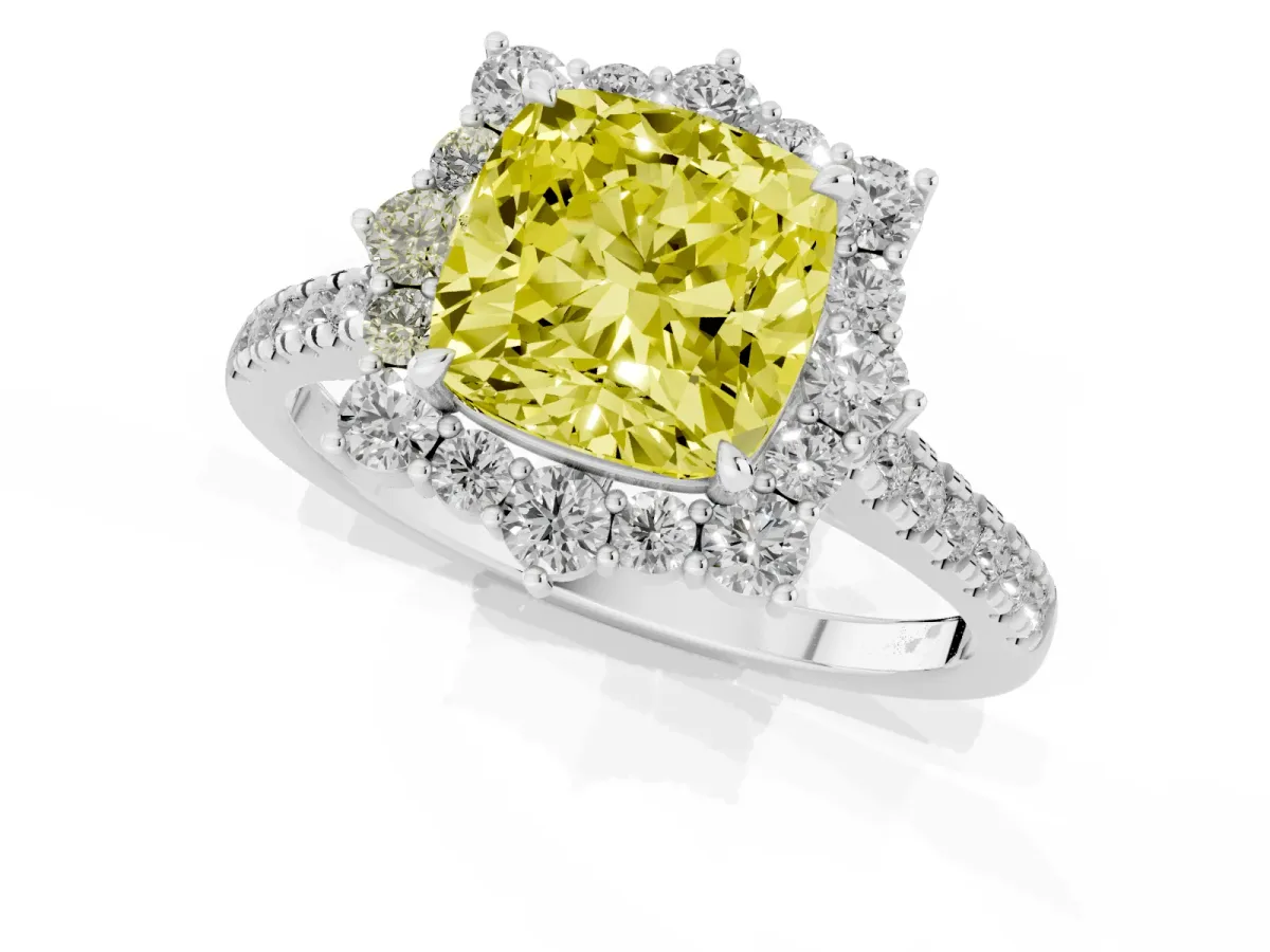 Fancy Yellow Cushion Cut Halo Diamond Ring with Pavé Band and Prong Setting Silver