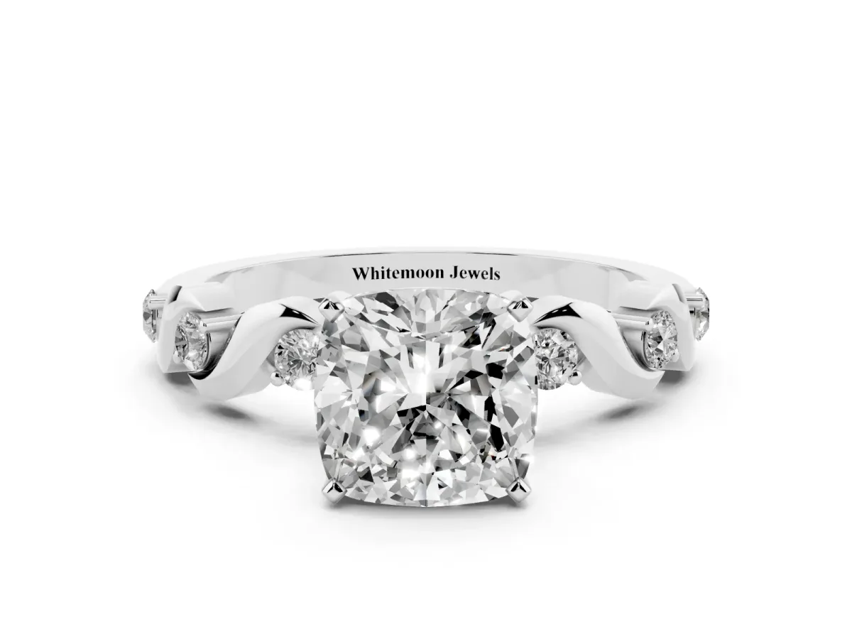 Cushion Cut Diamond Solitaire Twisted Band with Round Accents and Prong Setting White gold