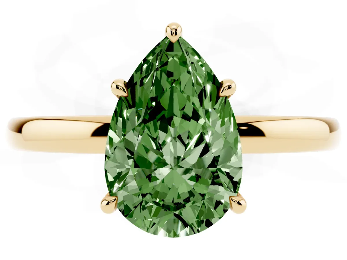 Fancy Green Pear Cut Solitaire Engagement Ring with Cathedral Band and Four-Prong Setting Yellow gold