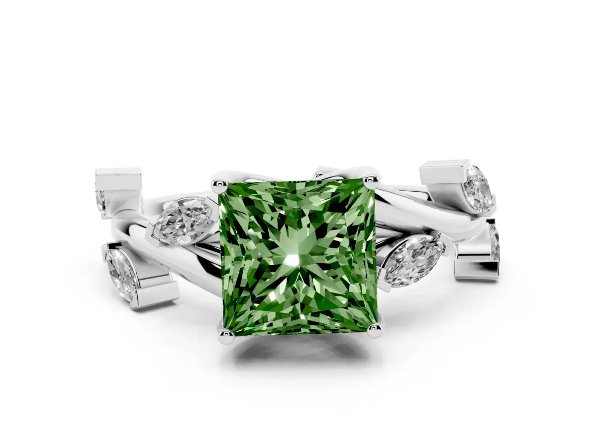 Fancy Green Princess Cut Solitaire Twisted Band Marquise Accent Prong Setting Ring Silver