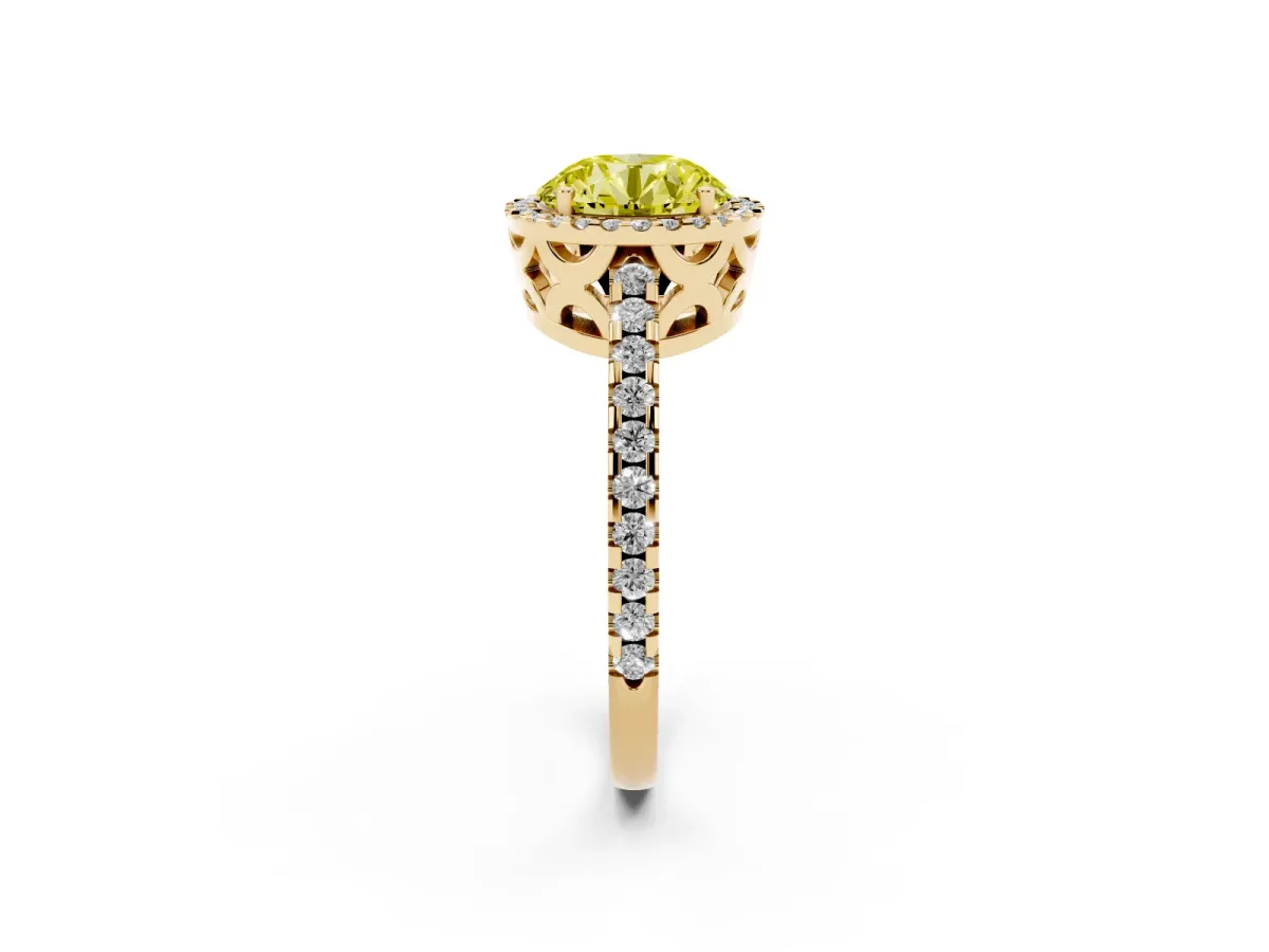 Fancy Yellow Round Cut Diamond Halo Engagement Ring with Pavé Band and Prong Setting Yellow gold