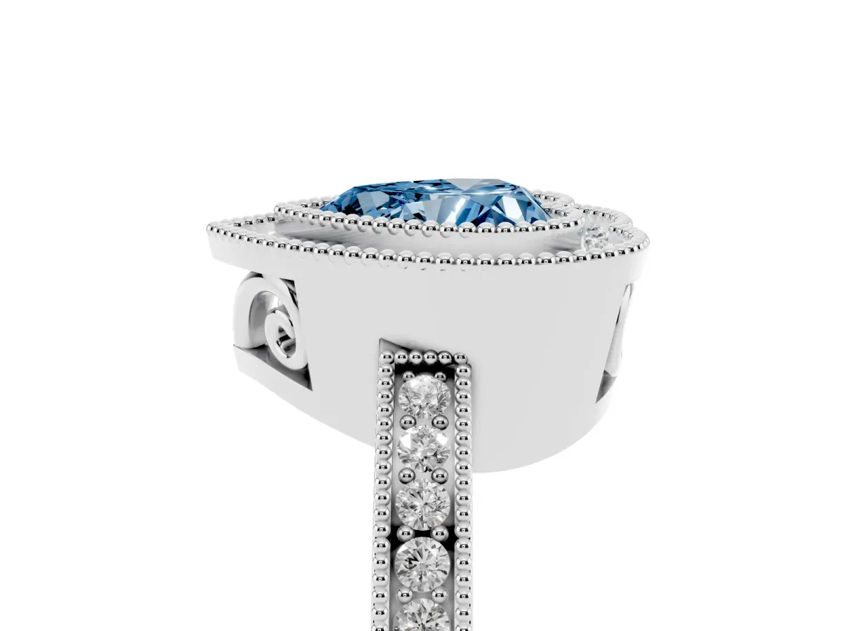 Fancy Blue Heart Cut Cut Halo Diamond Ring with Pavé Band and Milgrain Prong Setting Platinum
