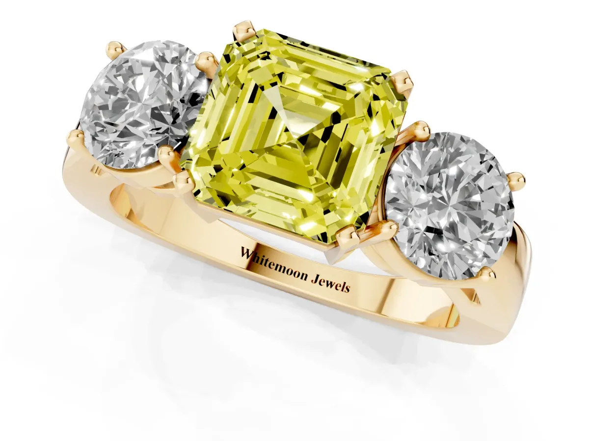 Fancy Yellow Three-Stone Asscher Cut Diamond Ring with Round Side Stones, Classic Band, and Four-Prong Setting Yellow gold