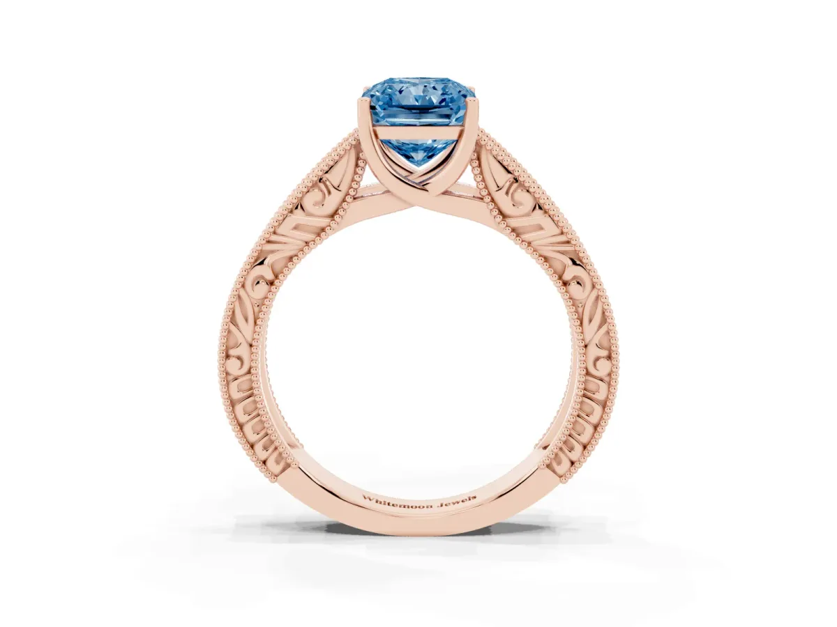 Fancy Blue Radiant Cut Diamond Solitaire Ring with Engraved Band and Four-Prong Setting Rose gold