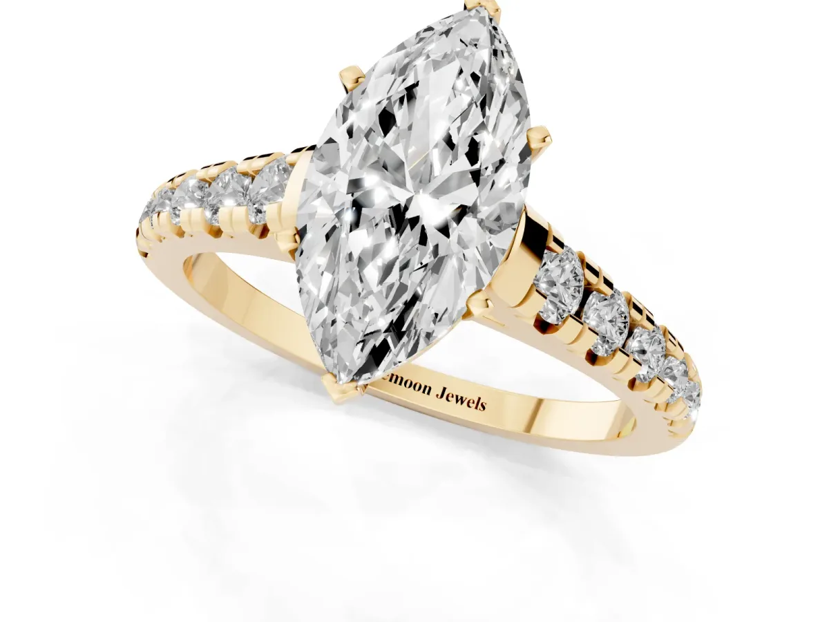 Marquise Cut Diamond Cathedral Solitaire Ring with Round Pavé Band Yellow gold