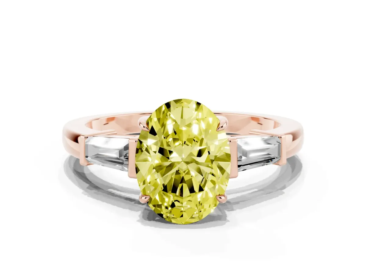 Fancy Yellow Oval Cut Diamond Three-Stone Ring with Tapered Baguette Side Stones and Prong Setting Rose gold