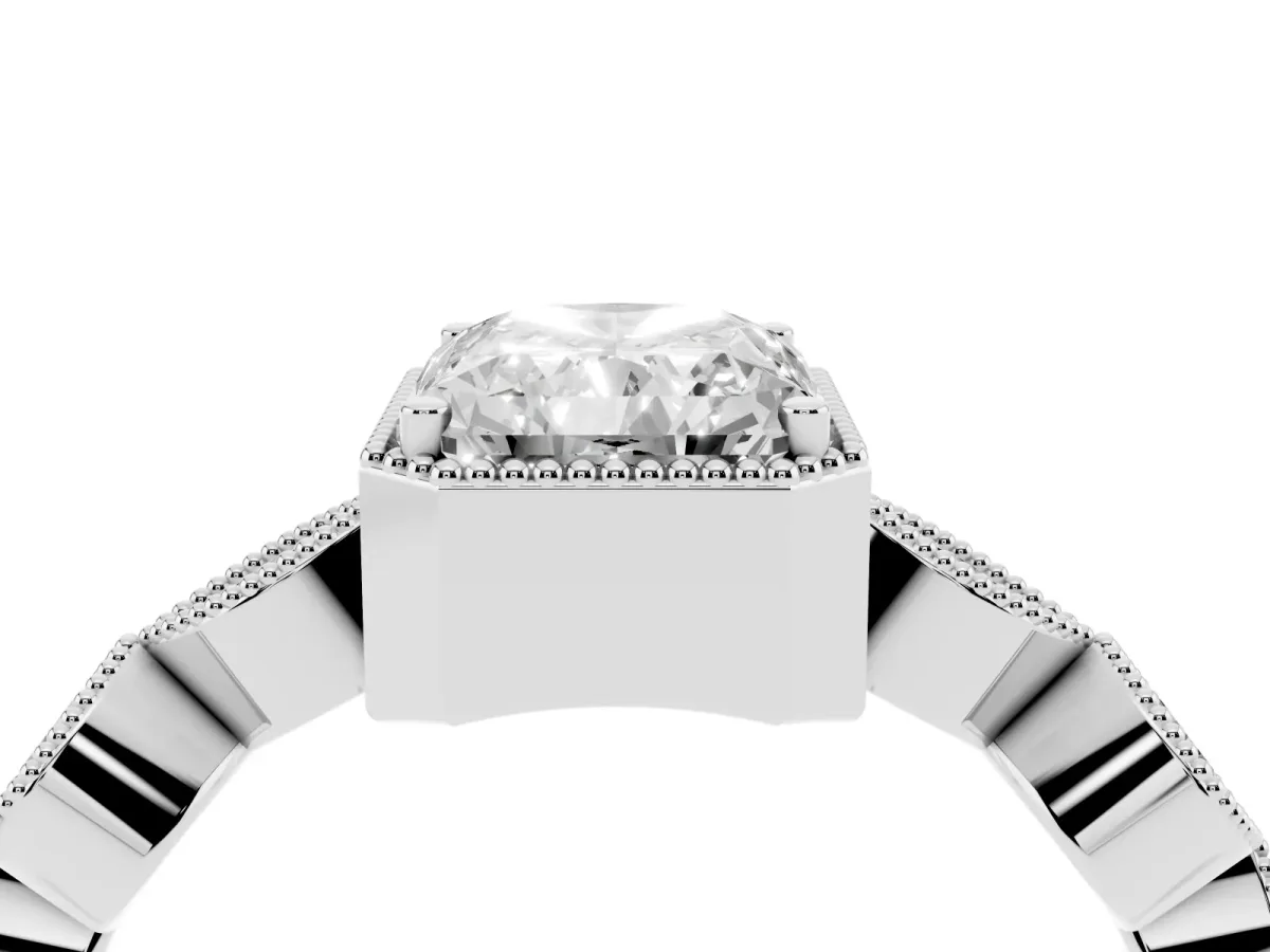 Radiant Cut Diamond Vintage Milgrain Ring with Round Stations Silver