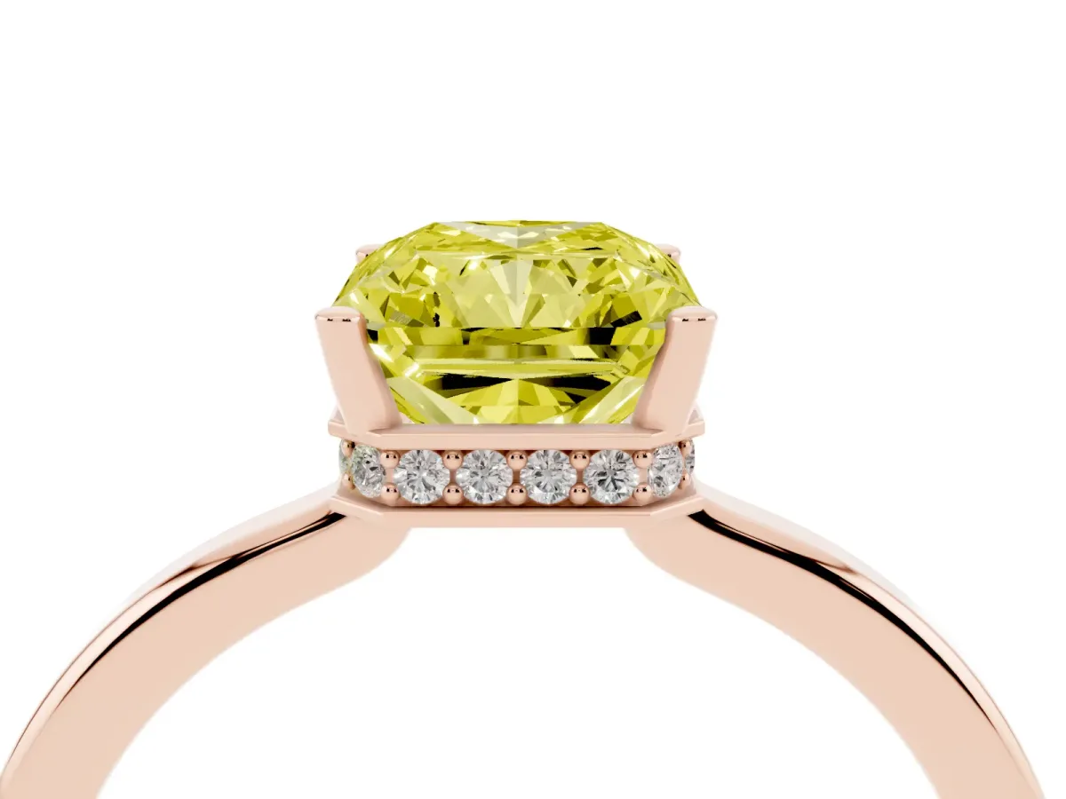 Fancy Yellow Radiant Cut Cut Solitaire Engagement Ring with Four-Prong Setting on a Classic Band Rose gold
