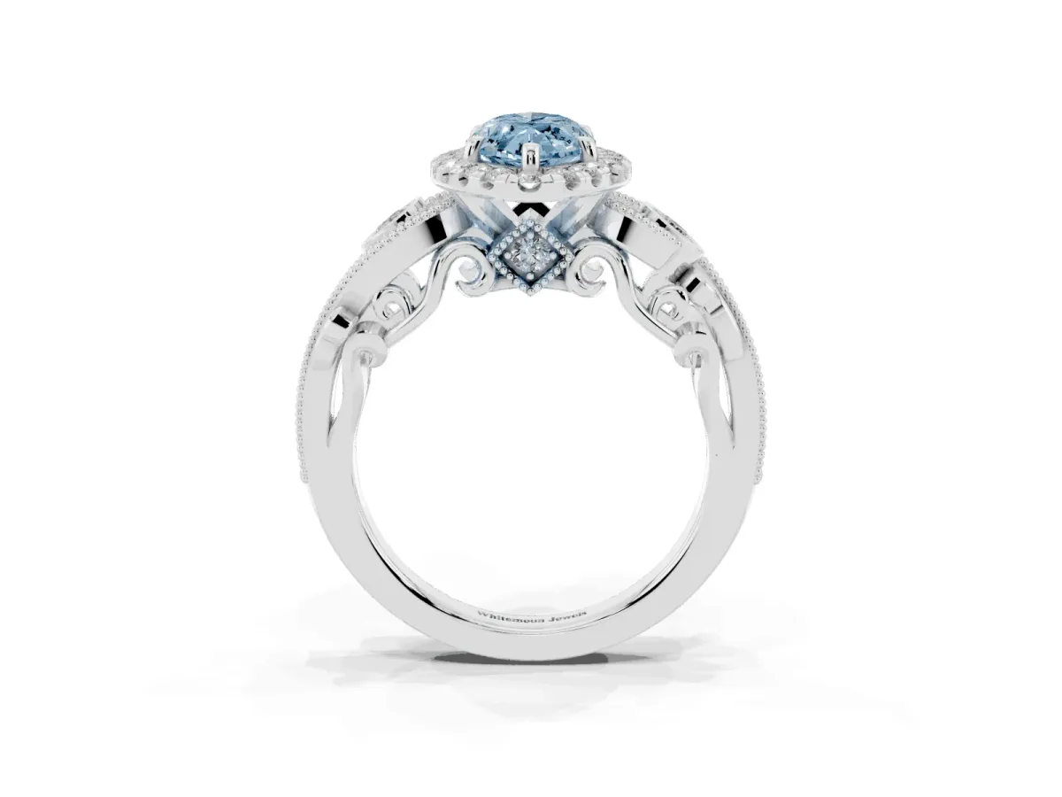 Fancy Blue Marquise Cut Diamond Halo Ring with Milgrain Pavé Band and Four-Prong Setting Silver