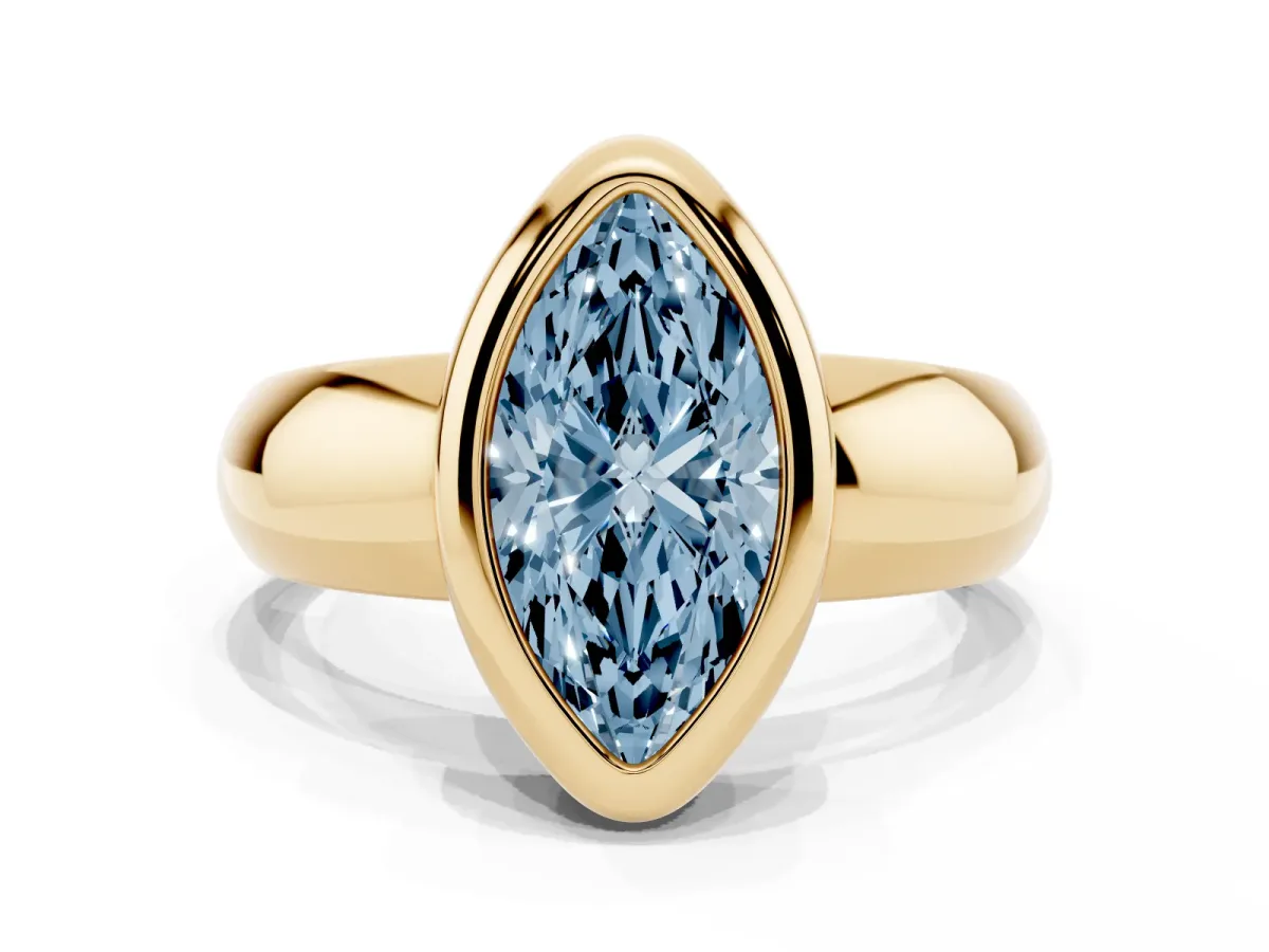 Fancy Blue Bezel Set Marquise Cut Solitaire Ring with Wide Band Yellow gold
