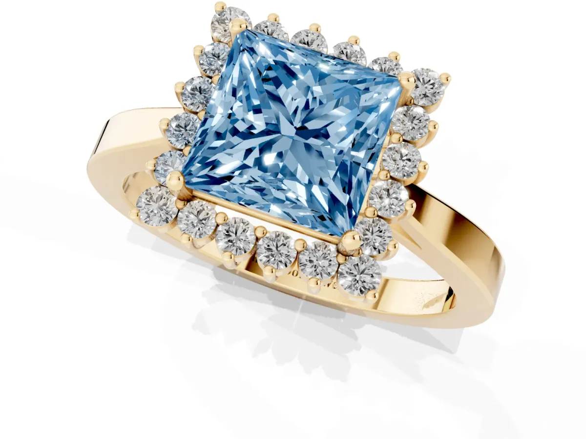 Fancy Blue Princess Cut Cut Diamond Halo Ring with Round Brilliant Halo and Solitaire Band Yellow gold