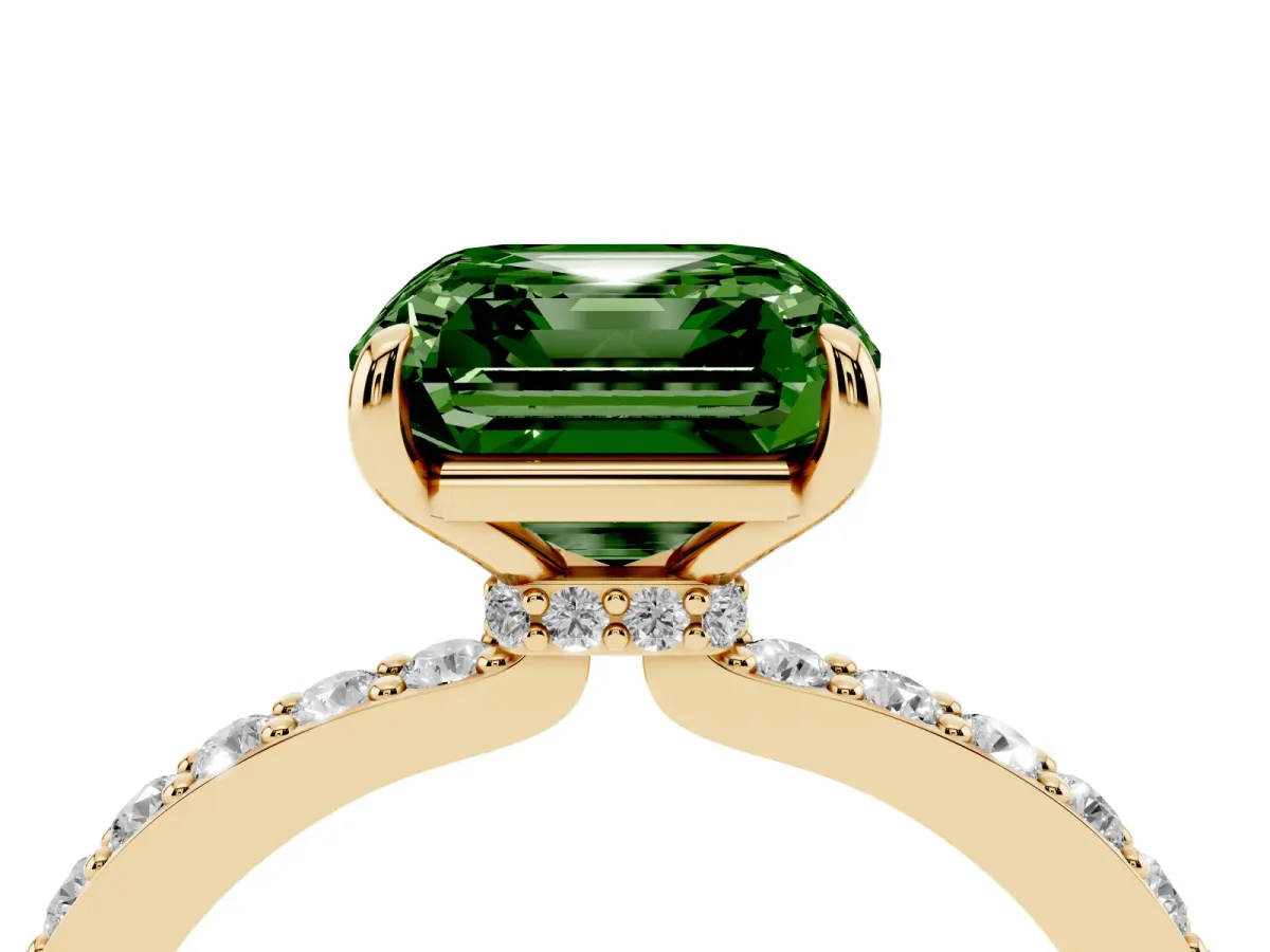 Fancy Green Asscher Cut Diamond Pavé Engagement Ring with Round Accents and Prong Setting Yellow gold