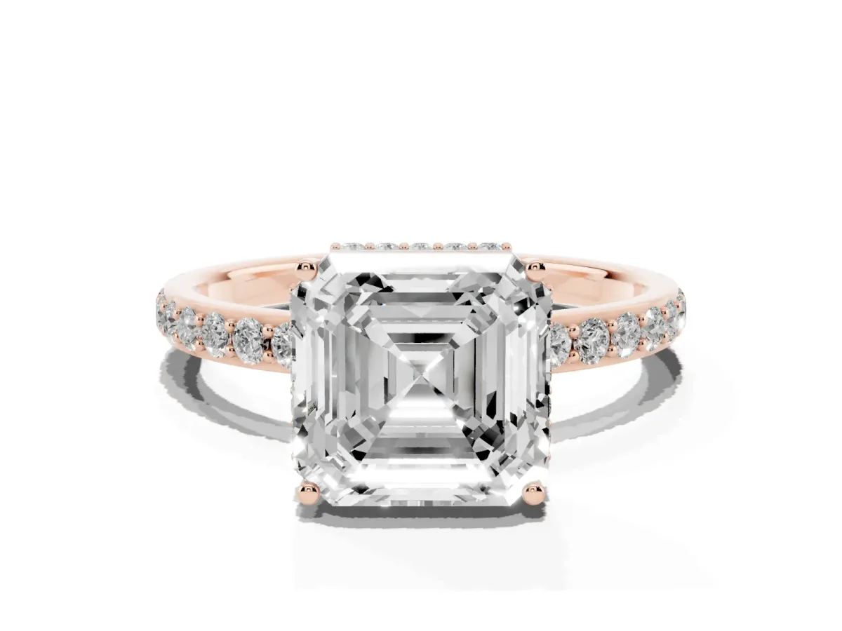 Asscher Cut Diamond Solitaire Ring with Pavé Band and Hidden Halo Rose gold