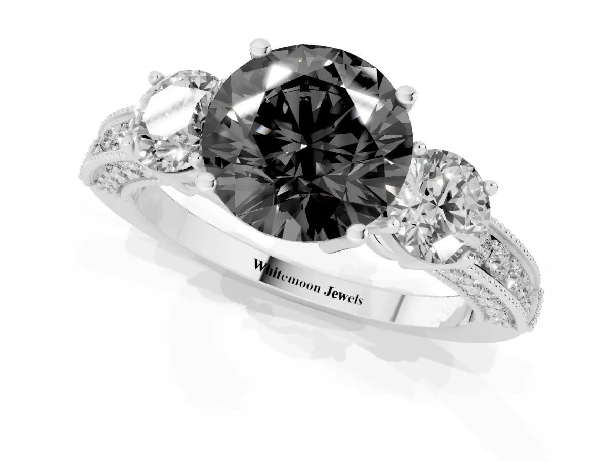 Fancy Black Round Cut Three-Stone Diamond Ring with Pavé Band and Four-Prong Setting Silver