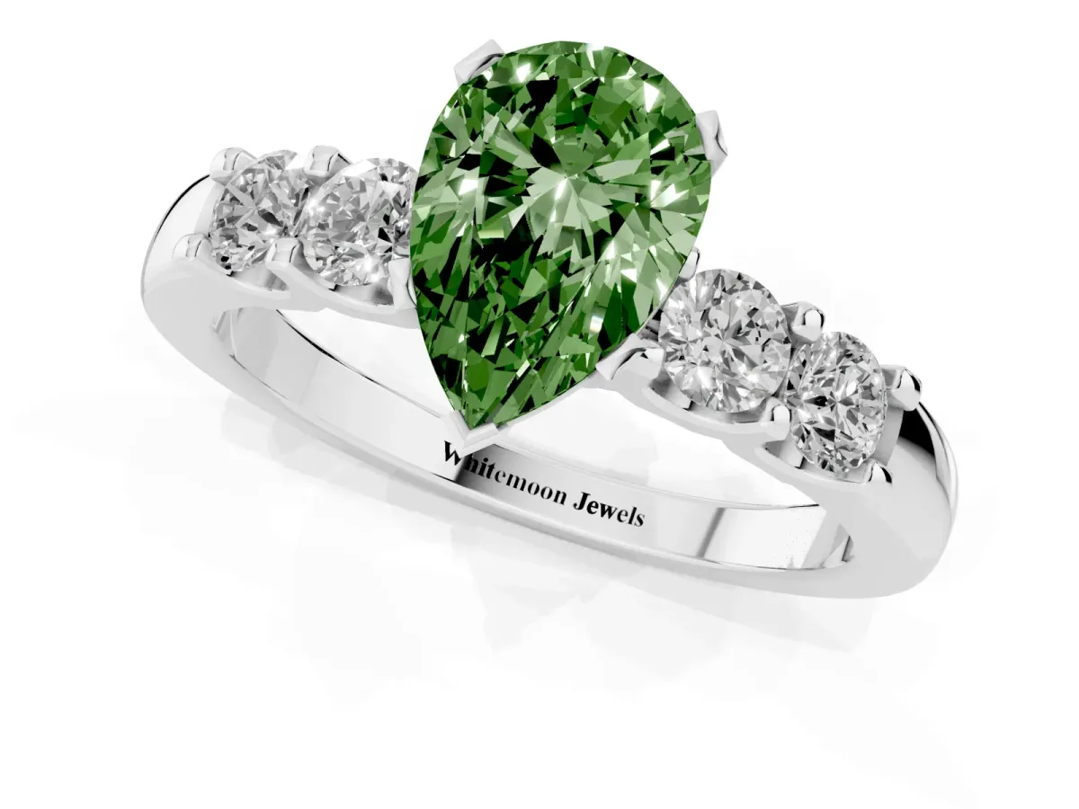 Fancy Green Pear Cut Brilliant Cut Diamond Five-Stone Prong Set Engagement Ring with Channel Band Silver