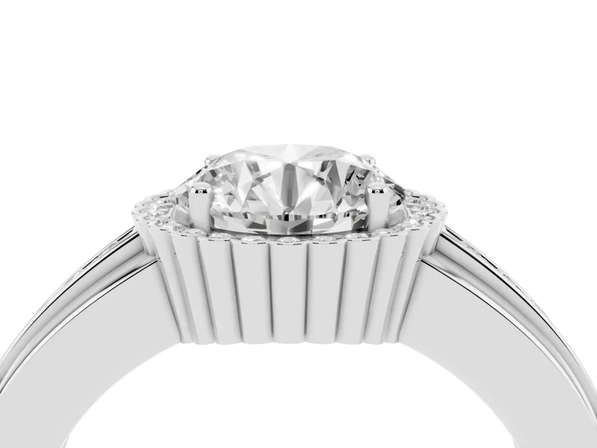Round Cut Cut Halo Pave Band Four-Prong Ring Silver