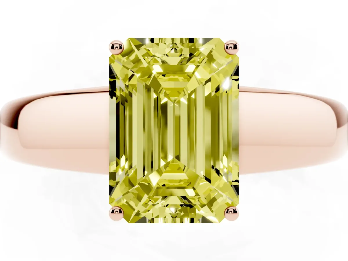 Fancy Yellow Emerald Cut Solitaire Diamond Ring with Tapered Band and Four-Prong Setting Rose gold