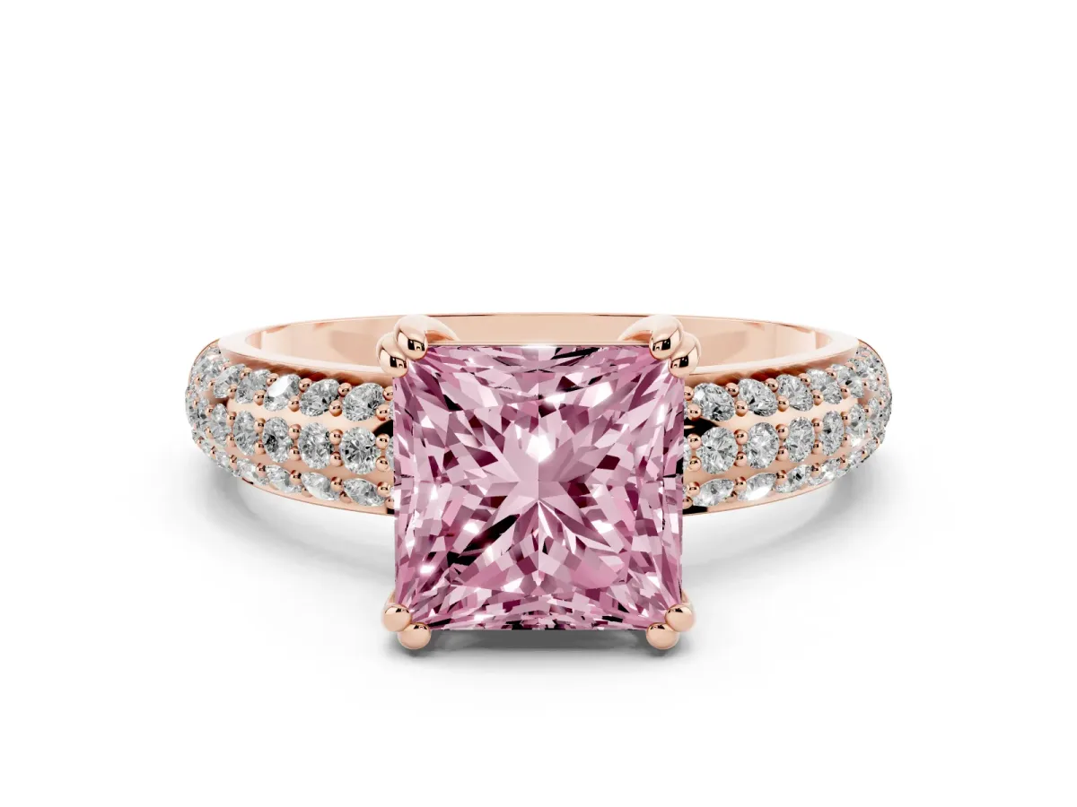 Fancy Pink Princess Cut Diamond Solitaire Ring with Multi-Row Round Pavé Band and Prong Setting Rose gold
