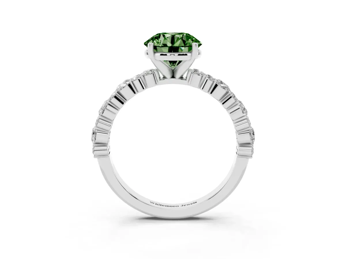 Fancy Green Round Cut Diamond Side Stone Solitaire Ring with Round and Four-Prong Setting Silver
