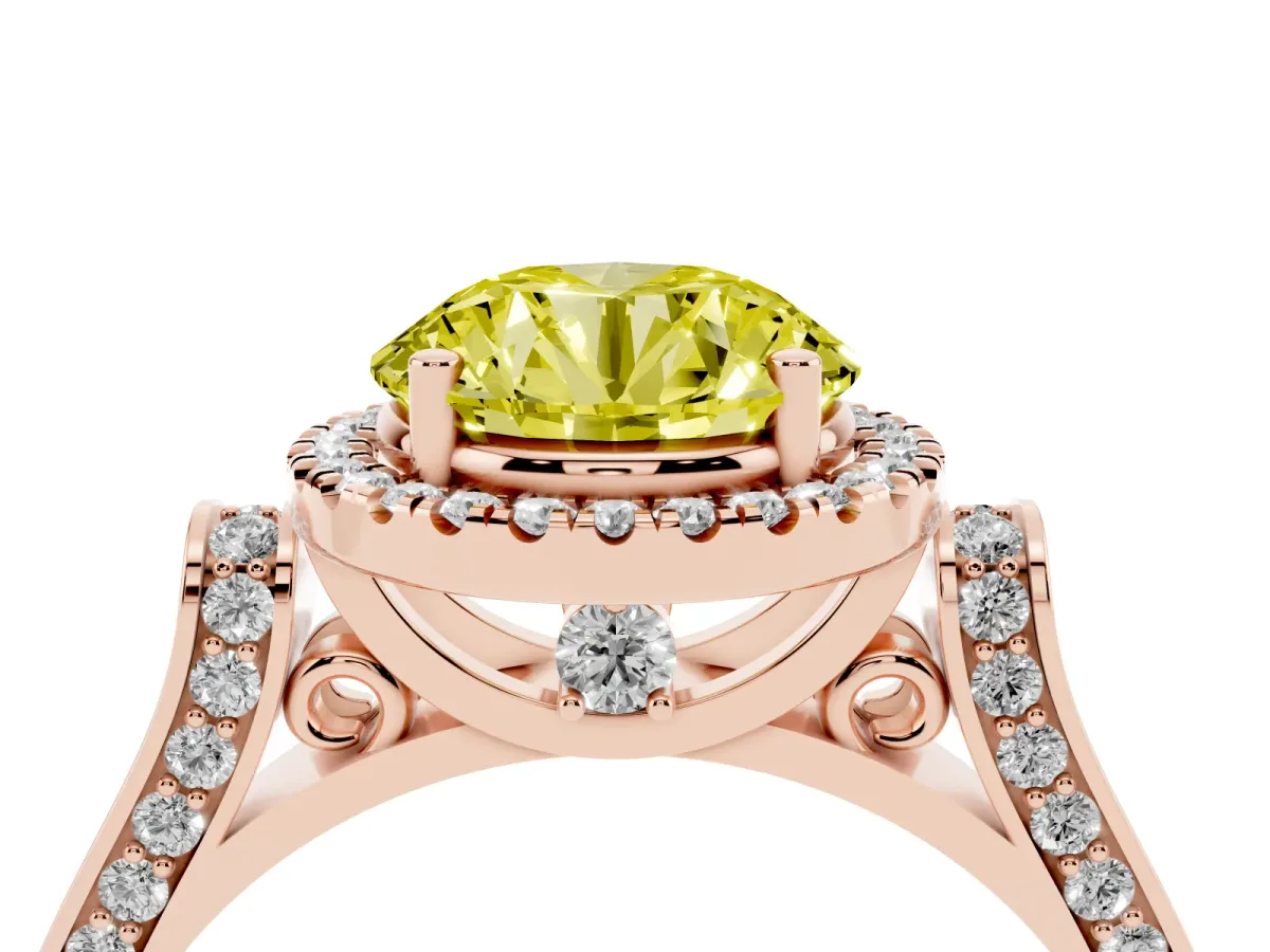 Fancy Yellow Round Cut Halo Round Diamond Twist Band with Four-Prong Setting Rose gold