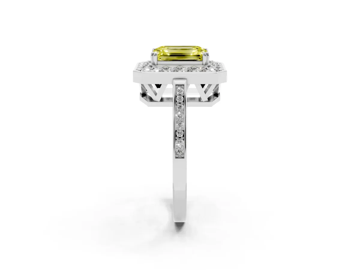 Fancy Yellow Emerald Cut Diamond Halo Ring with Split Shank and Four-Prong Setting Silver