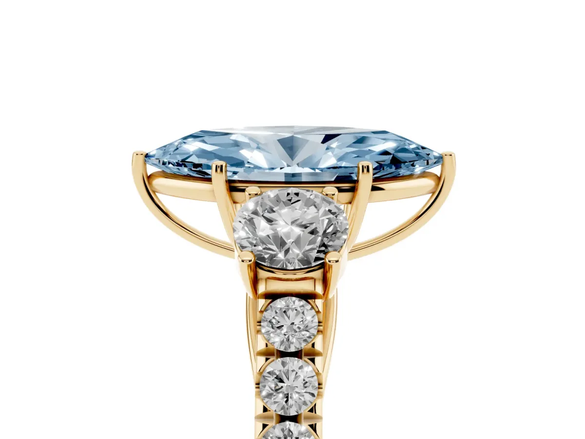 Fancy Blue Marquise Cut Cut Diamond Three-Stone Ring with Round Side Stones and Pavé Band Yellow gold