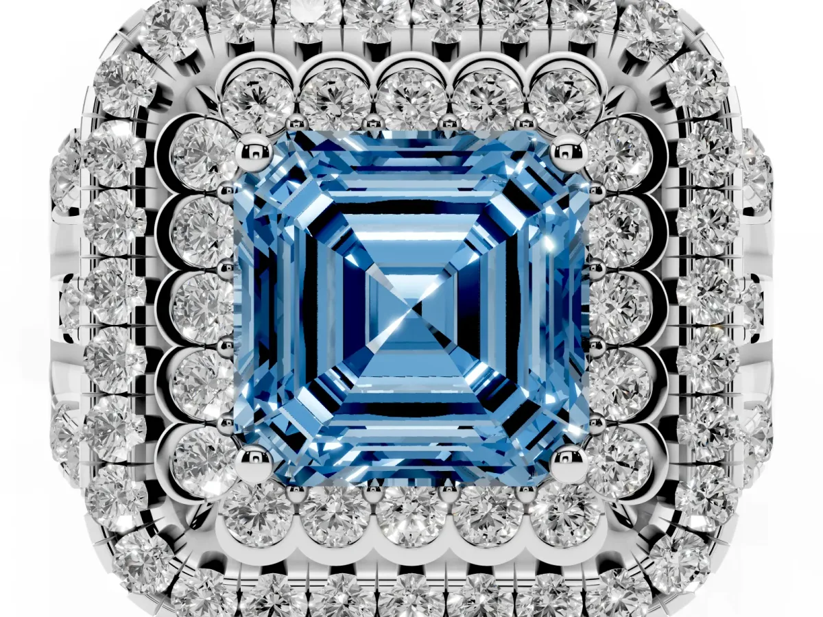 Fancy Blue Asscher Cut Diamond Double Halo Ring with Round Pavé Split Shank and Prong Setting Silver