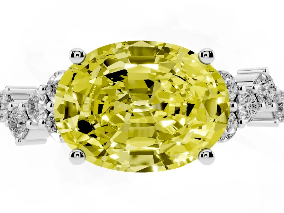 Fancy Yellow Oval Cut Diamond Scattered Round Accent Ring with Prong Setting White gold