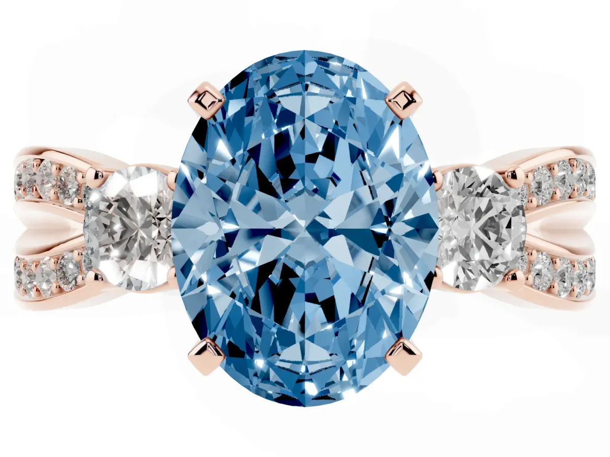 Fancy Blue Three-Stone Oval Cut Cut Diamond Twist Band with Prong Setting Rose gold
