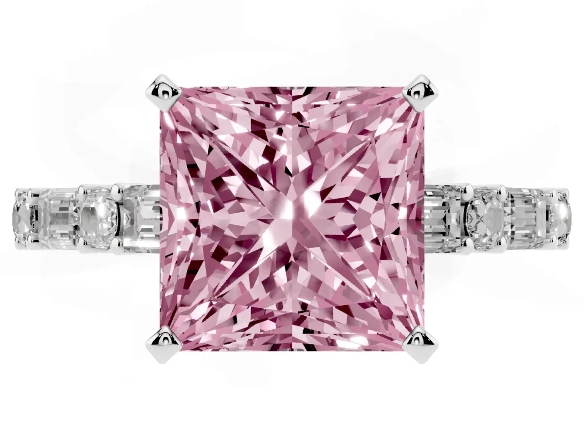 Fancy Pink Princess Cut Diamond Solitaire with Side Baguettes and Channel Set Band Silver