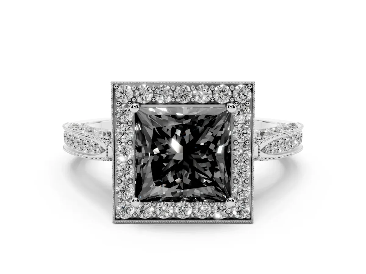 Fancy Black Princess Cut Halo Diamond Engagement Ring with Split Shank Band and Four-Prong Setting Silver