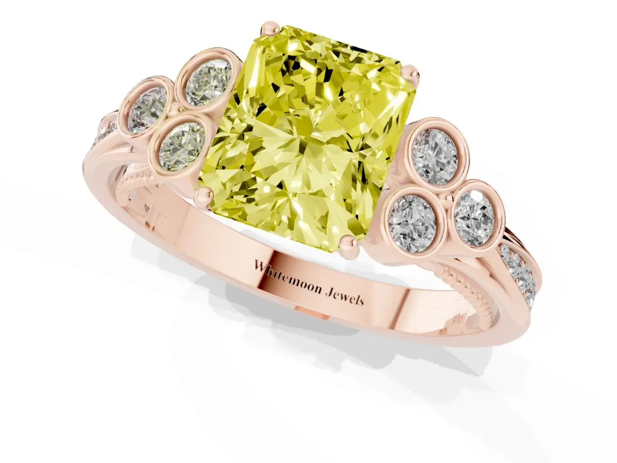 Fancy Yellow Radiant Cut Cut Diamond Engagement Ring with Bezel Set Round Side Stones and Prong Setting Rose gold