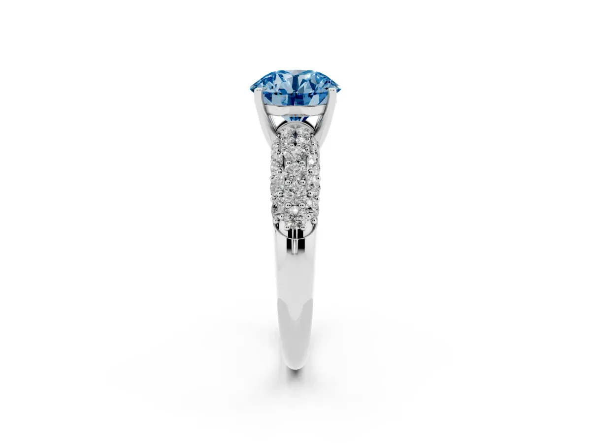 Fancy Blue Round Cut Diamond Pavé Band Solitaire Ring with Four-Prong Setting White gold