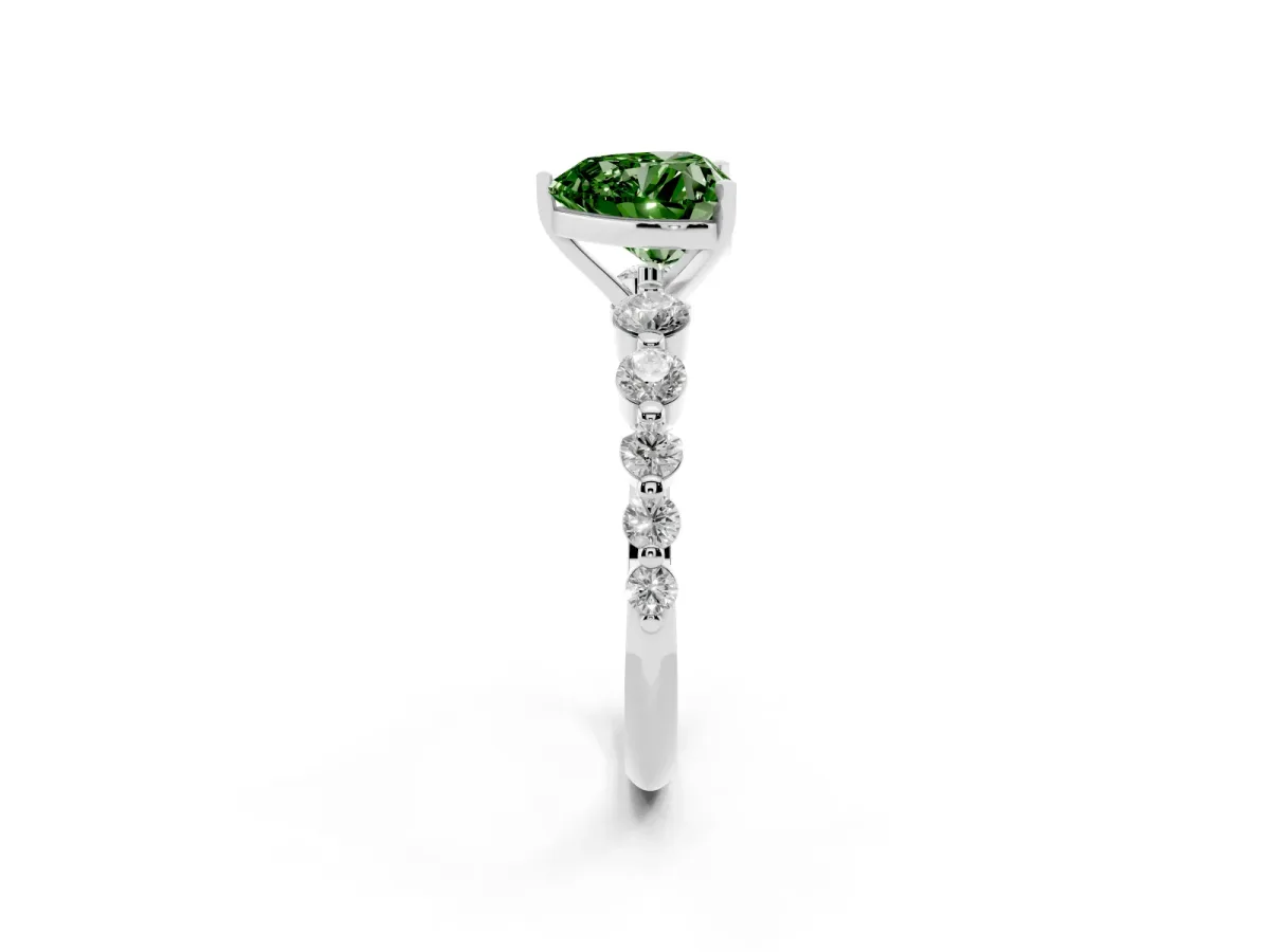 Fancy Green Heart Cut Solitaire Diamond Ring with Pave Band and Four-Prong Setting Silver