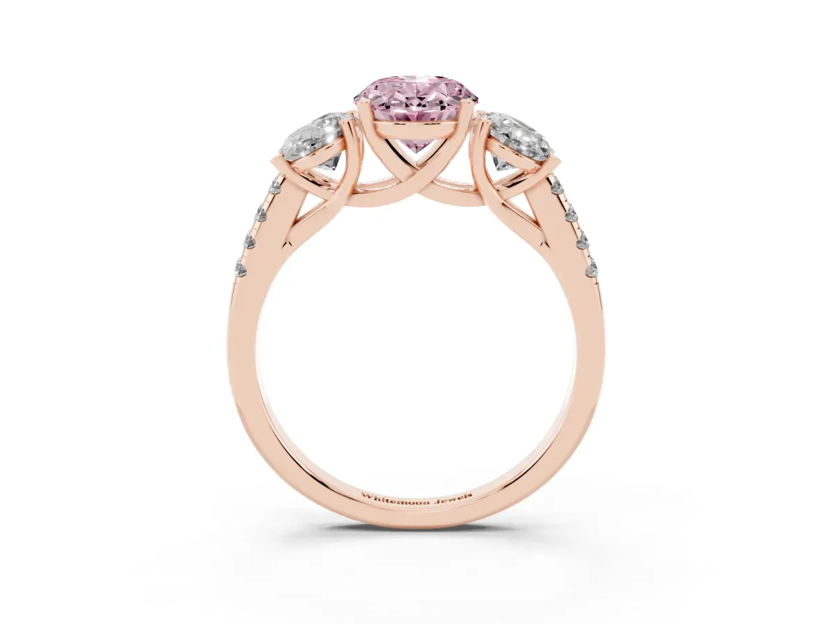 Fancy Pink Three-Stone Oval Cut Diamond Ring with Round Pavé Band and Prong Setting Rose gold